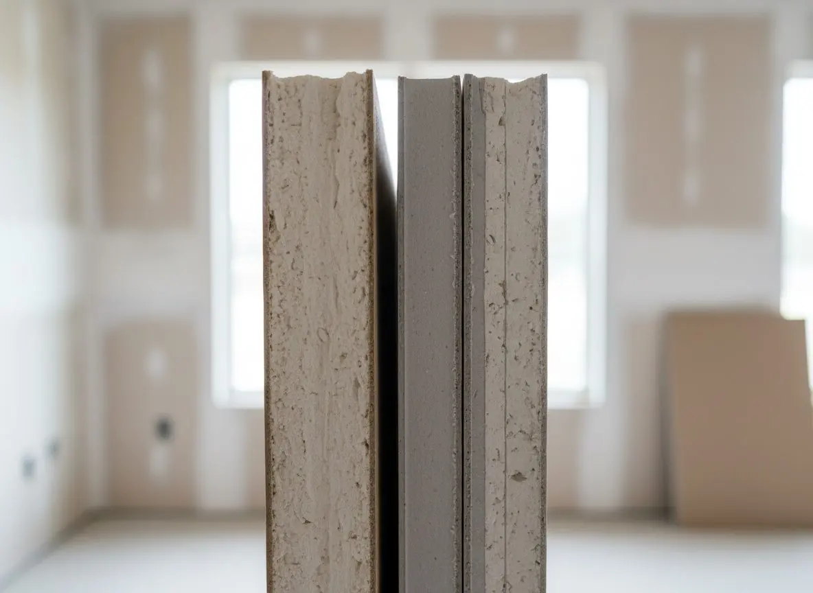 A cut edge of half inch board stood against a stack of five eighths sheets, close enough that the paper facing and the gypsum core are both readable