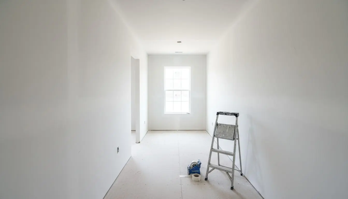 A finished upstairs hallway in a new-construction house, walls taped, sanded and rolled with primer