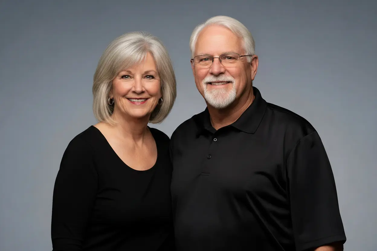 Wes and Carolyn Tolbert standing side by side in black work shirts against a plain gray backdrop, both smiling at the camera