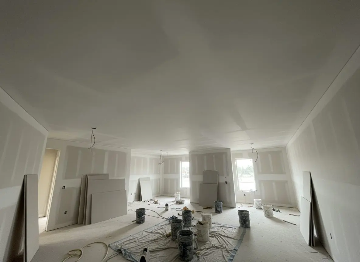 A finished and primed ceiling seen from below at an angle, the whole plane running unbroken with no joint lines and no texture in it