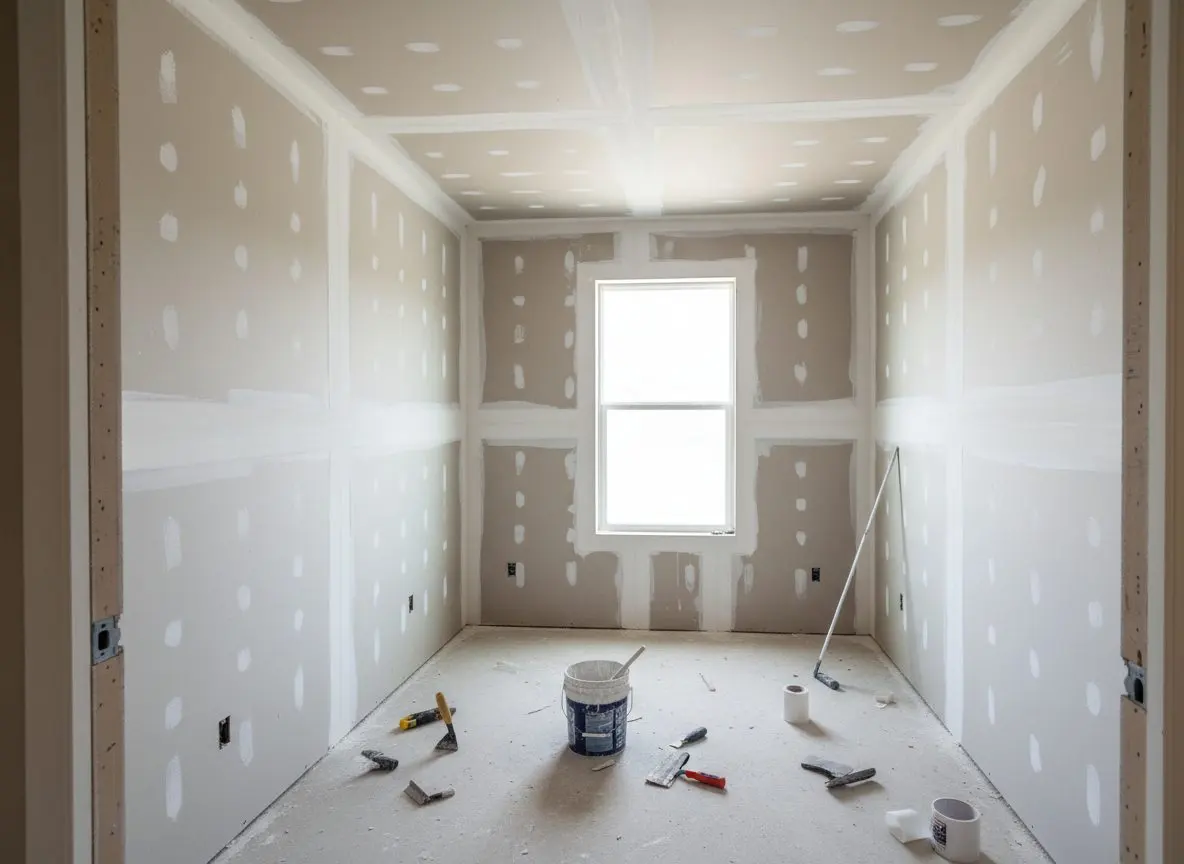 A newly hung room with the sheets up and the joints taped, seen from the doorway so two walls and the ceiling angle are readable