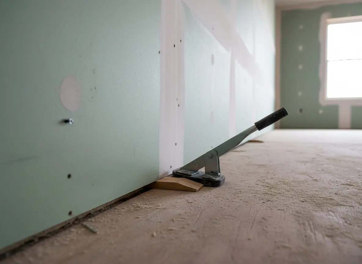 The bottom of a newly hung wall showing the quarter inch gap held clear of the subfloor, with a shim and a foot lifter still in place