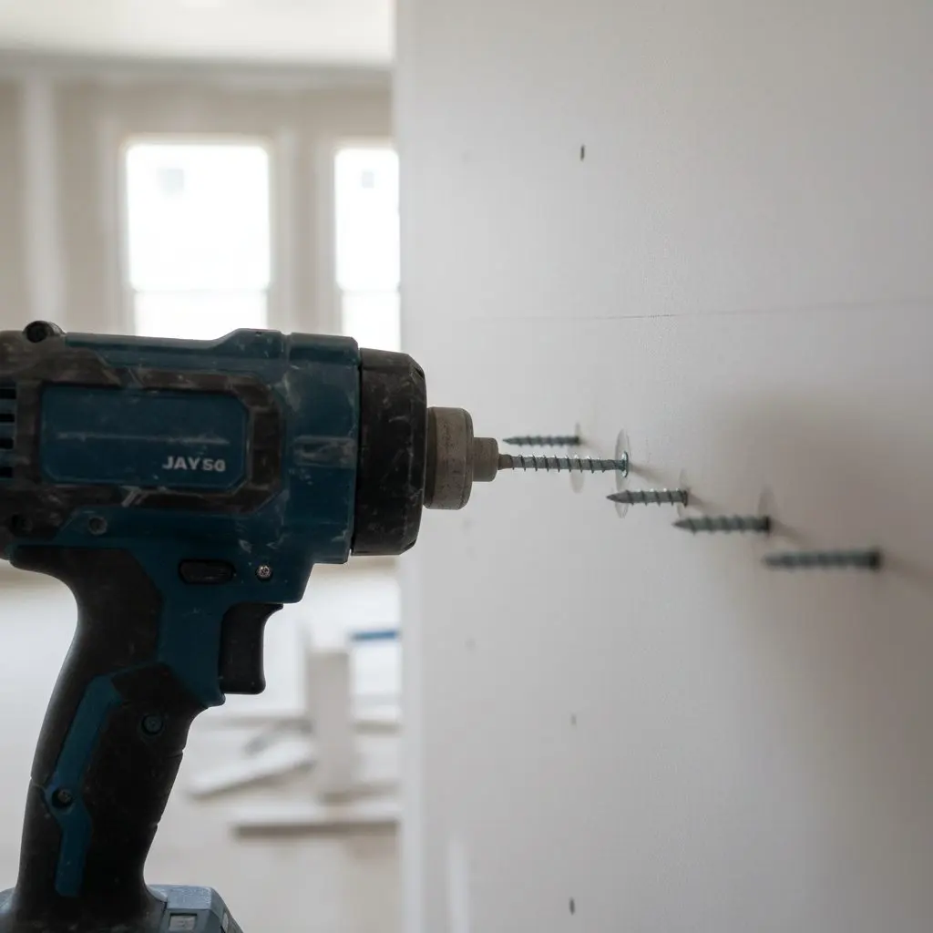 One close, square view of a screw gun setting a screw into a fresh sheet, the dimple just formed and a line of set screws running away across the board