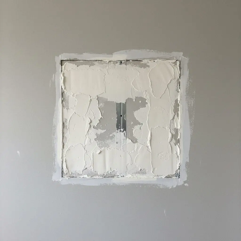 One close, square view of a square cut patch let into a wall with a backing strip visible behind it and the first coat of compound over the tape
