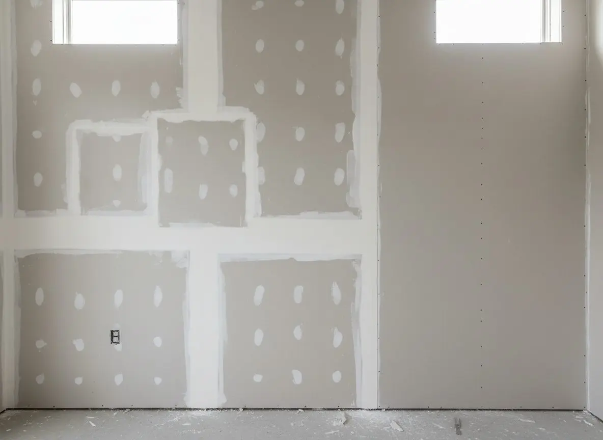 A wall with two finished patches in it and one sheet next to them fully replaced