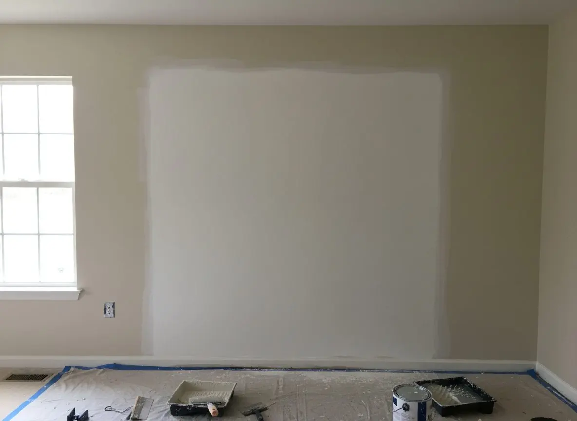 A finished wall repair primed and blended into the surrounding painted surface