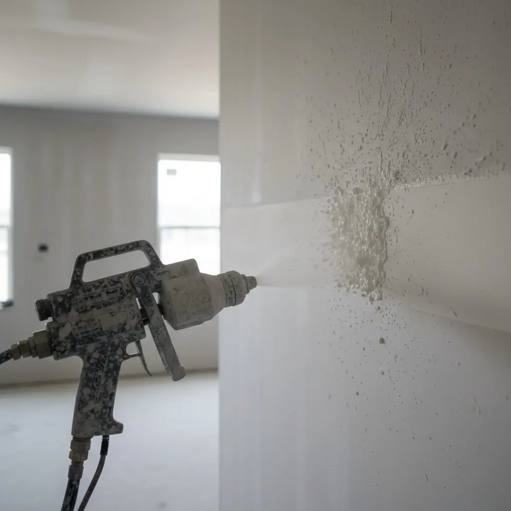 One close, square view of a hopper gun spraying knockdown onto a wall, the wet splatter standing proud against an area already drawn flat beside it