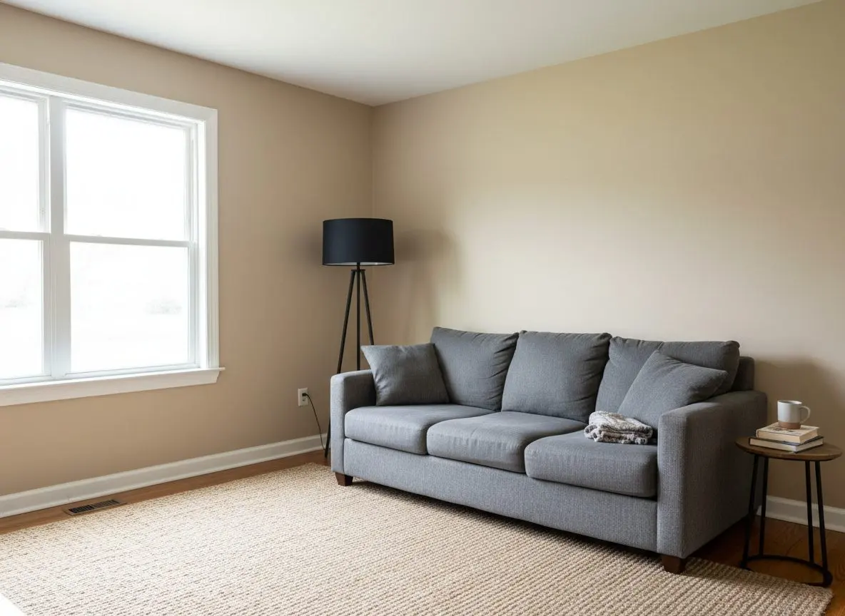 A finished, furnished living room with flat painted walls, a sofa, a rug and a lamp, lit by an uncovered window down one side