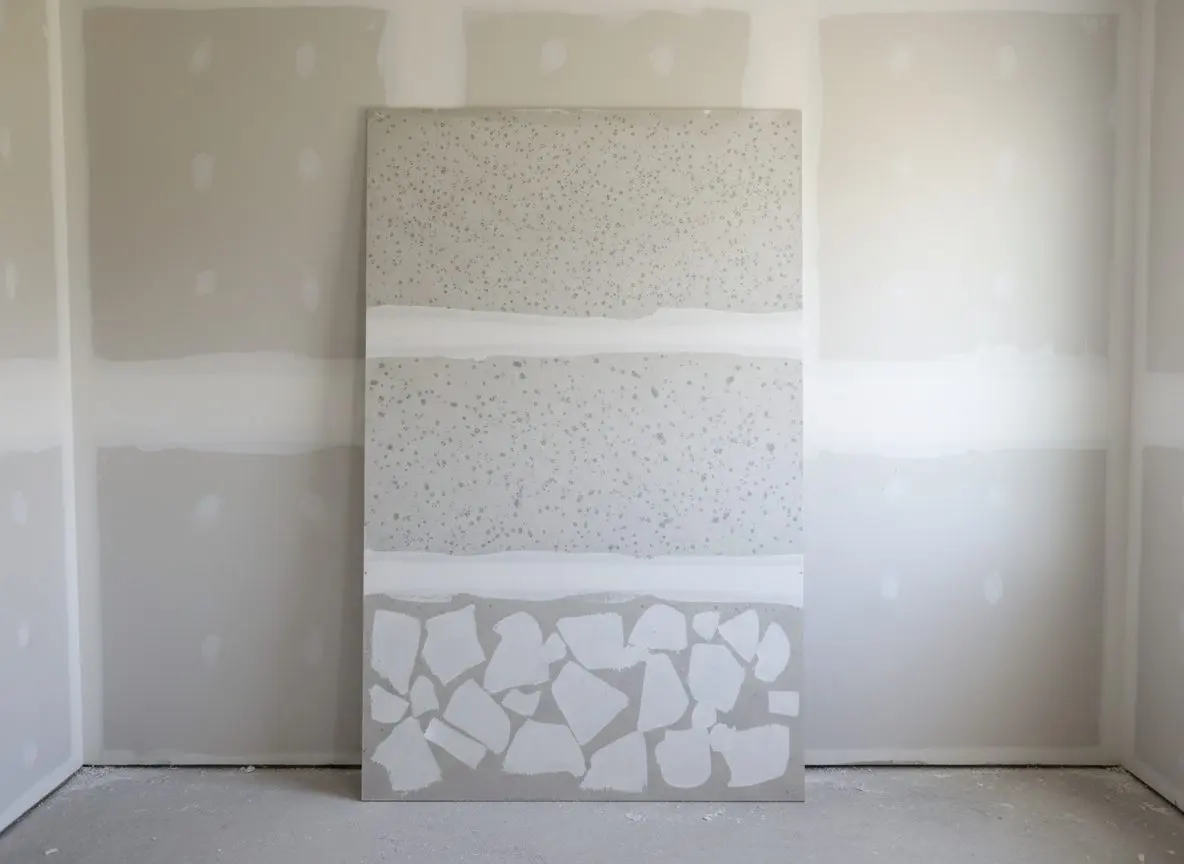 A test board propped against a finished wall with three attempts at a knockdown pattern sprayed across it