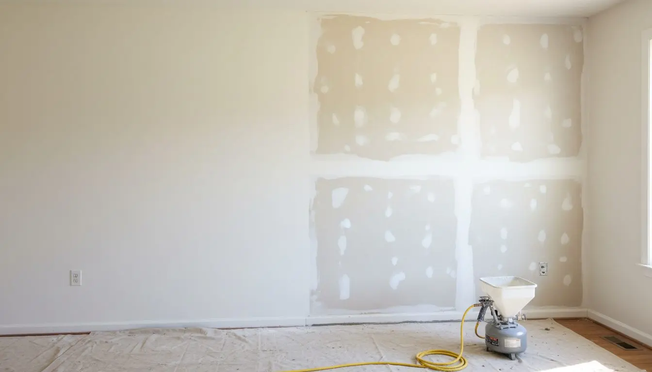A living room wall part way through a knockdown texture, one half sprayed and drawn flat and the other half still smooth primer