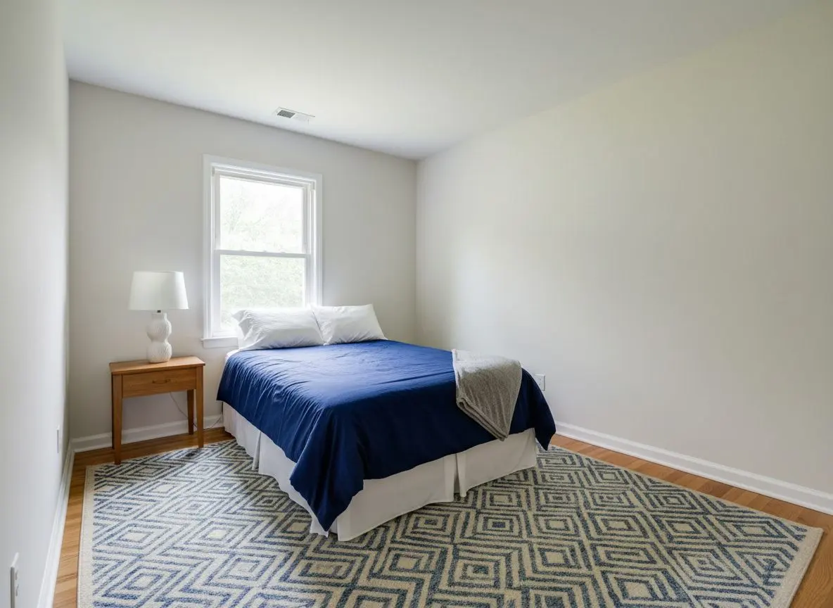A finished, furnished bedroom with clean painted walls and ceiling, a bed made up, a rug and a lamp, lit by an uncovered window